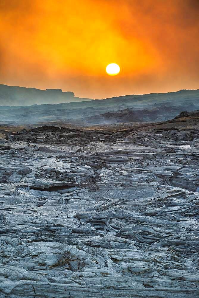 Sunrise over the lava field, shield volcano Erta Ale, Danakil depression, Afar region, Ethiopia, Africa