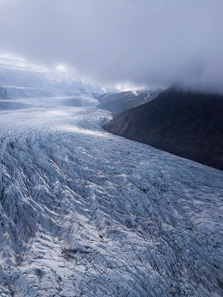 Aerial view, ice field with crevasses, Vatnajoekull glacier, Vatnajoekull National Park, Iceland, Europe