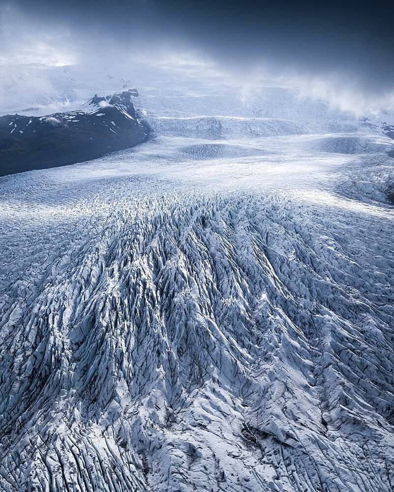 Aerial view, ice field with crevasses, Vatnajoekull glacier, Vatnajoekull National Park, Iceland, Europe