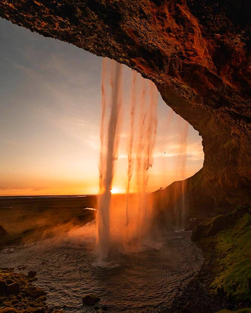 Seljalandsfoss waterfall at midnight sun, Southern Iceland, Iceland, Europe