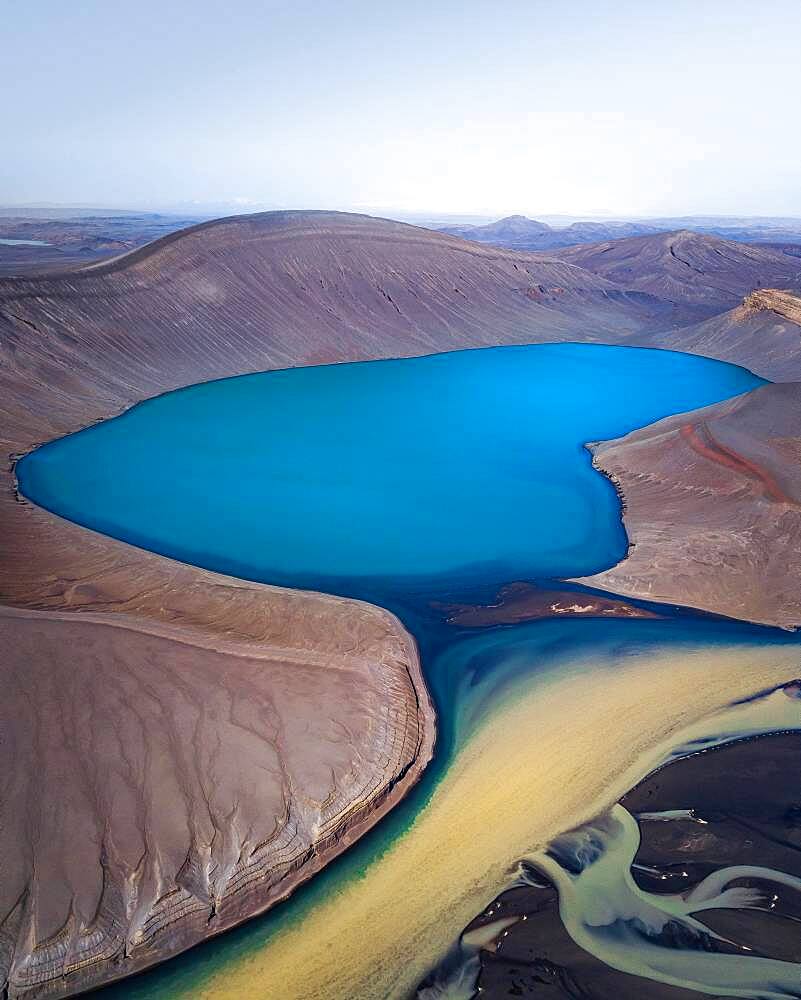 Aerial view, crater lake with coloured rivers, near Skyggnisvatn, Iceland, Europe