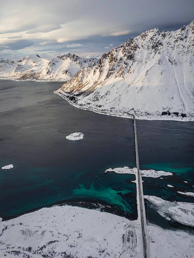 Aerial view, fjord landscape in winter with Gimsoystraumen bridge, Gimsoy, Lofoten, Norway, Norway, Europe