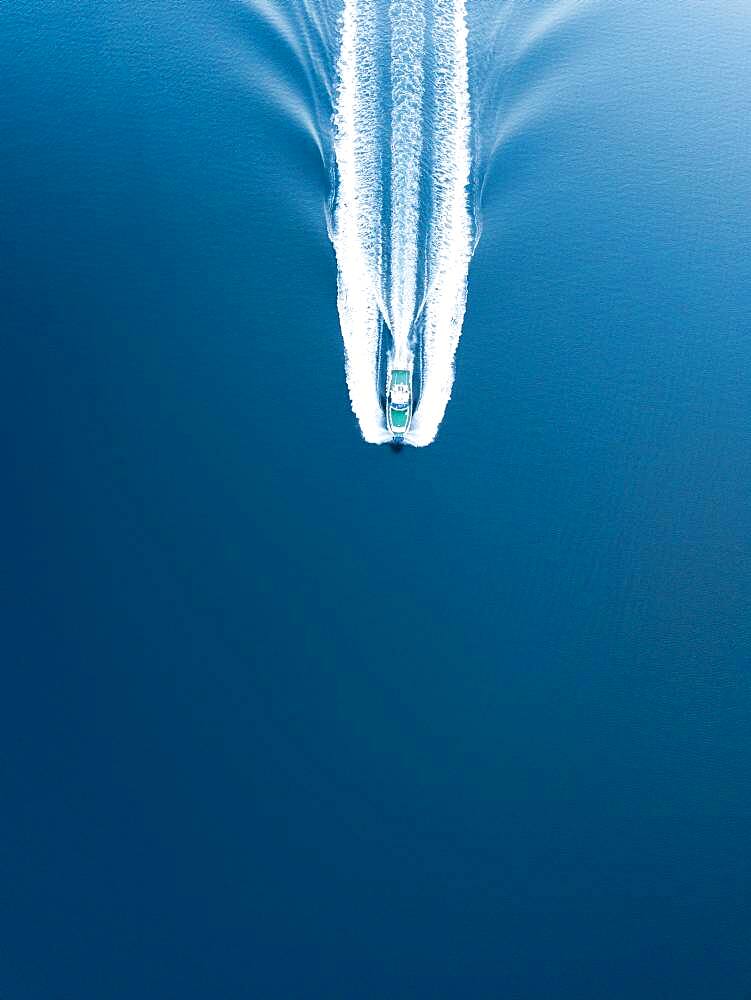 Aerial view, moving boat in the North Atlantic, Norway, Europe