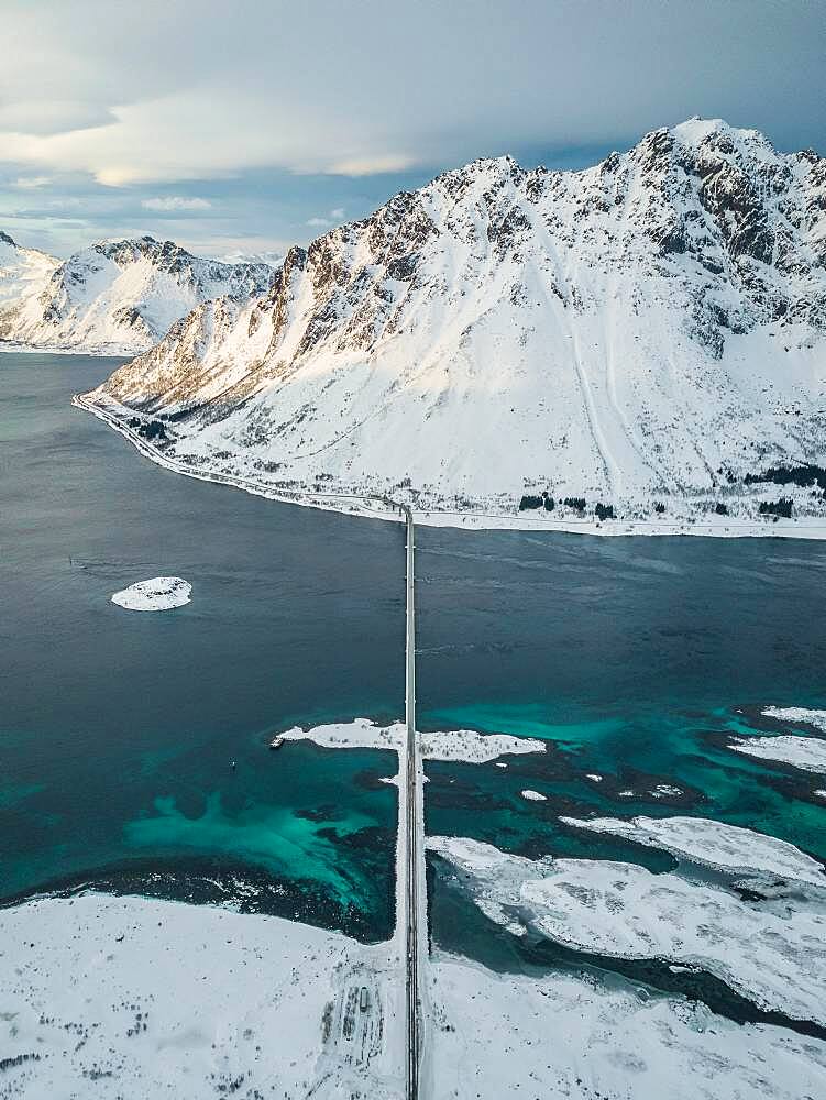 Aerial view, fjord landscape in winter with Gimsoystraumen bridge, Gimsoy, Lofoten, Norway, Norway, Europe