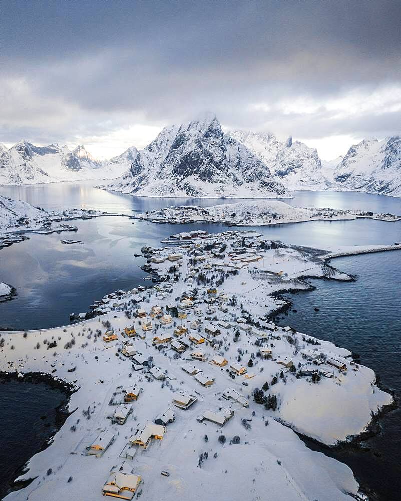 Aerial view, Reinefjord with snowy mountains, view of Reine, Lofoten, Nordland, Norway, Europe