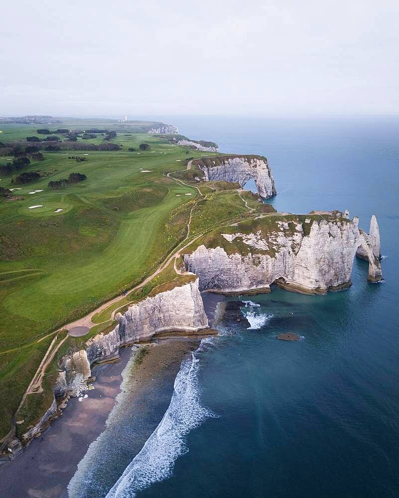 Aerial view, Aiguille d'Etretat, cliffs, chalk cliffs of Etretat, Departement Seine-Maritime, Normandy, France, Europe