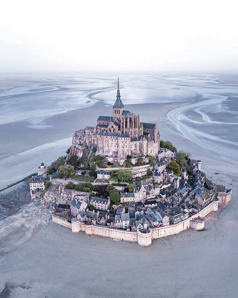 Aerial view, Le Mont-Saint-Michel at low tide, Manche Department, Normandy, France, Europe