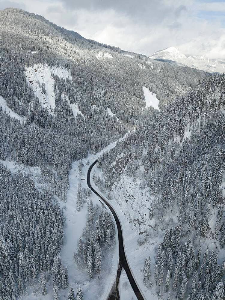 Aerial view, road through snowy valley, Salzkammergut, Austria, Europe