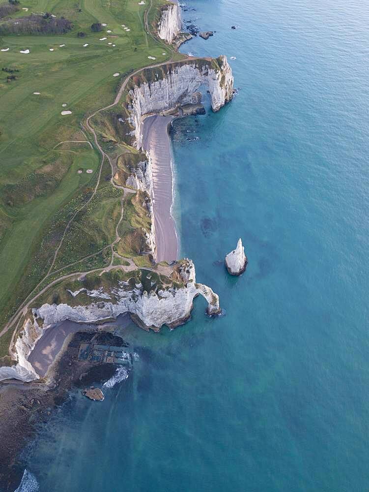 Aerial view, Aiguille d'Etretat, cliffs, chalk cliffs of Etretat, Seine-Maritime department, Normandy, France, Europe