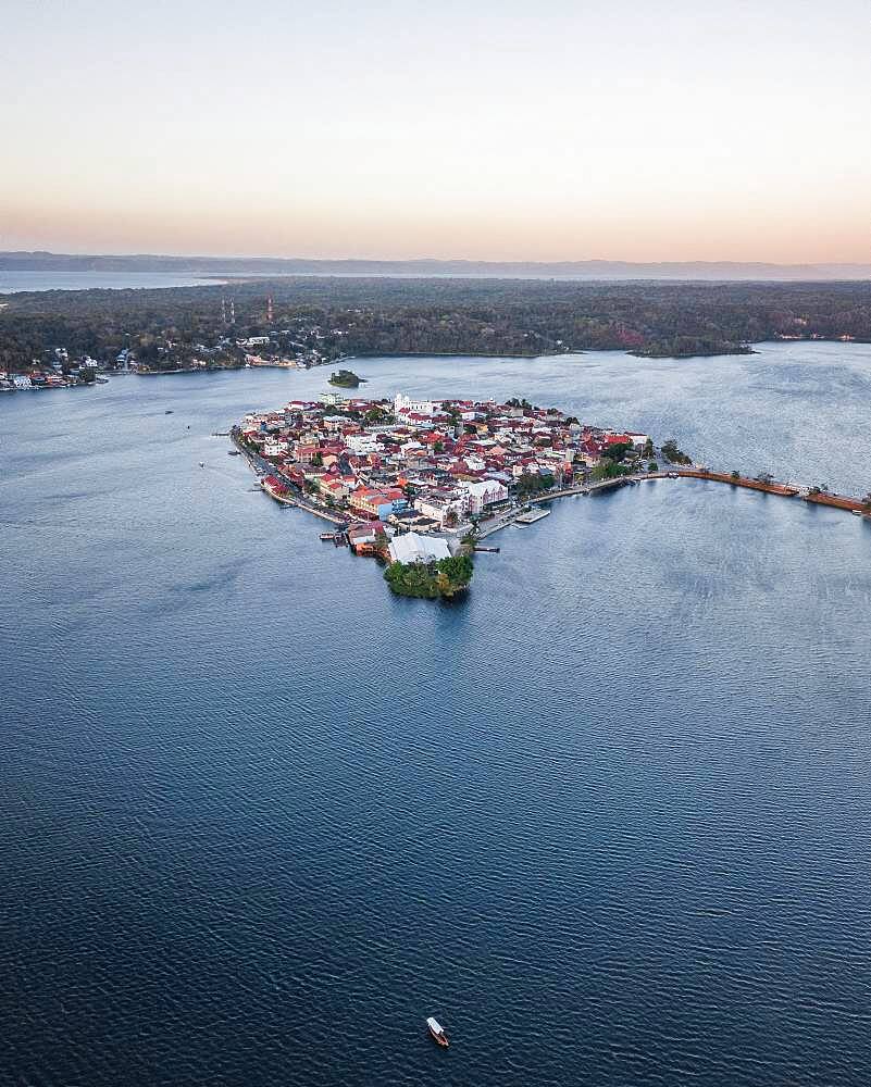 Aerial view of Flores at sunset, Flores, Guatemala, Central America