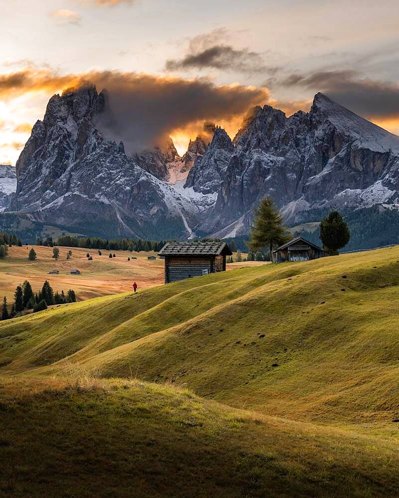 Sunrise, Hiker, Alpine meadows with huts and trees, Alpe di Siusi, Kompatsch, South Tyrol, Italy, Europe