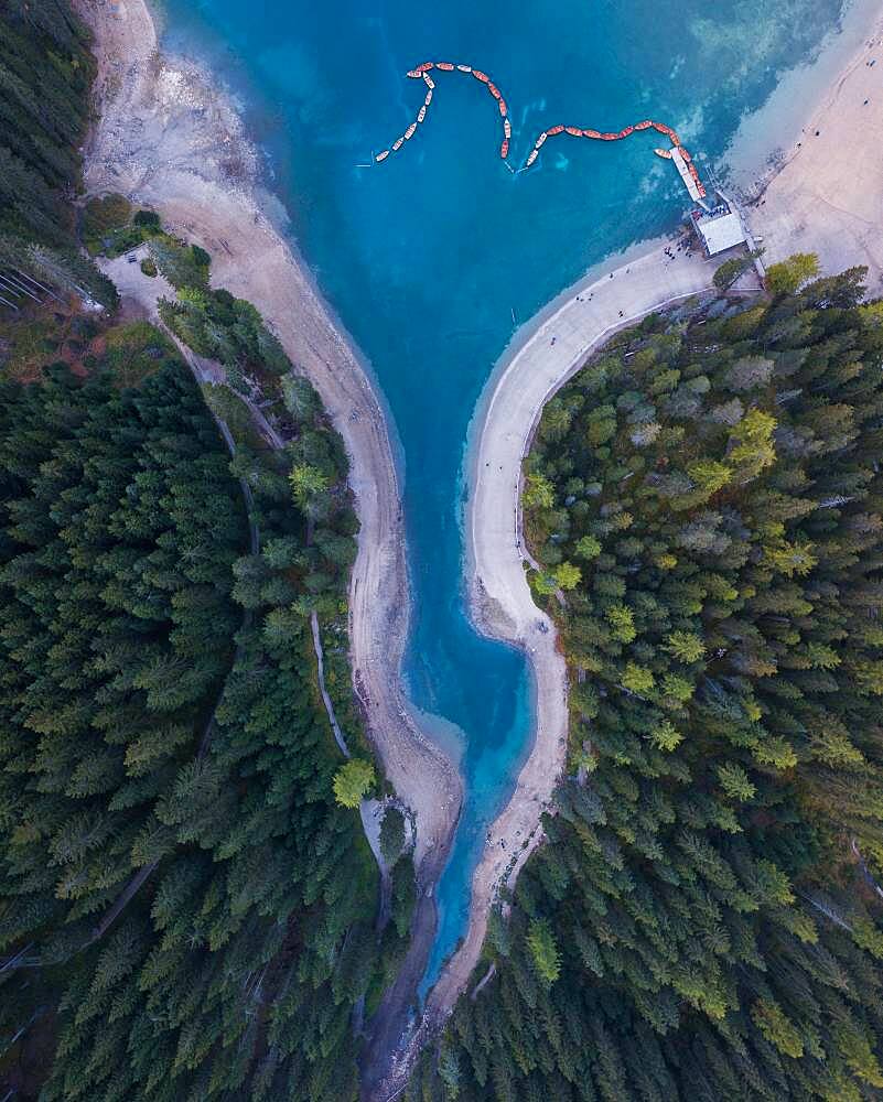 Aerial view, pointed part of the Pragser Wildsee from above, Lake Prags, South Tyrol, Italy, Europe