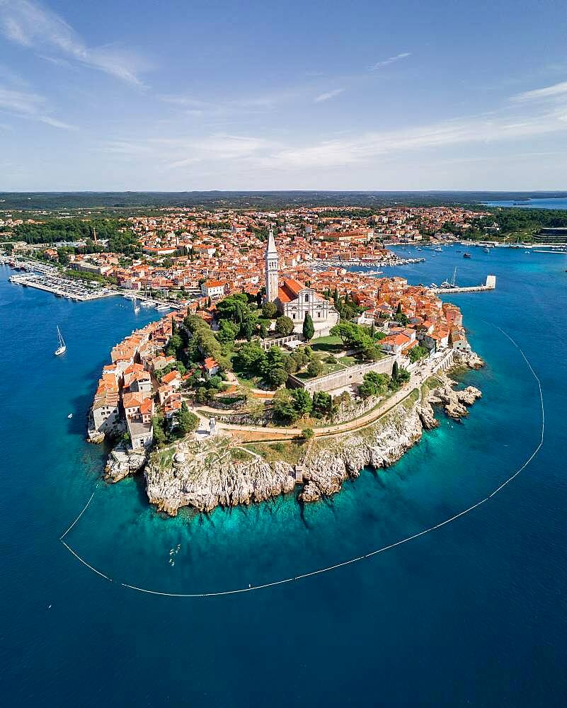 Aerial view, Old town with the church of St. Euphemia, Rovinj, Istria, Croatia, Europe