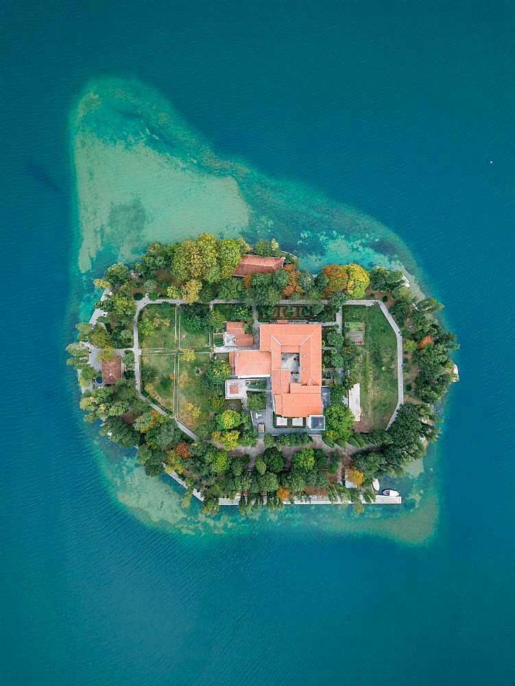 Aerial view, Visovac Monastery, Visovac Island, Lake Jezera Visovac, Skradin, Krka National Park, Croatia, Europe