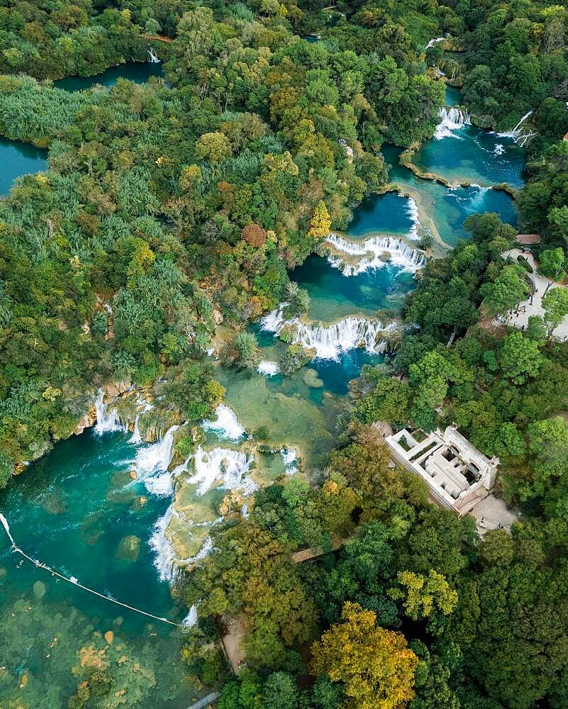 Aerial view, cascades, Krka National Park, Sibenik-Knees Region, Dalmatia, Croatia, Europe