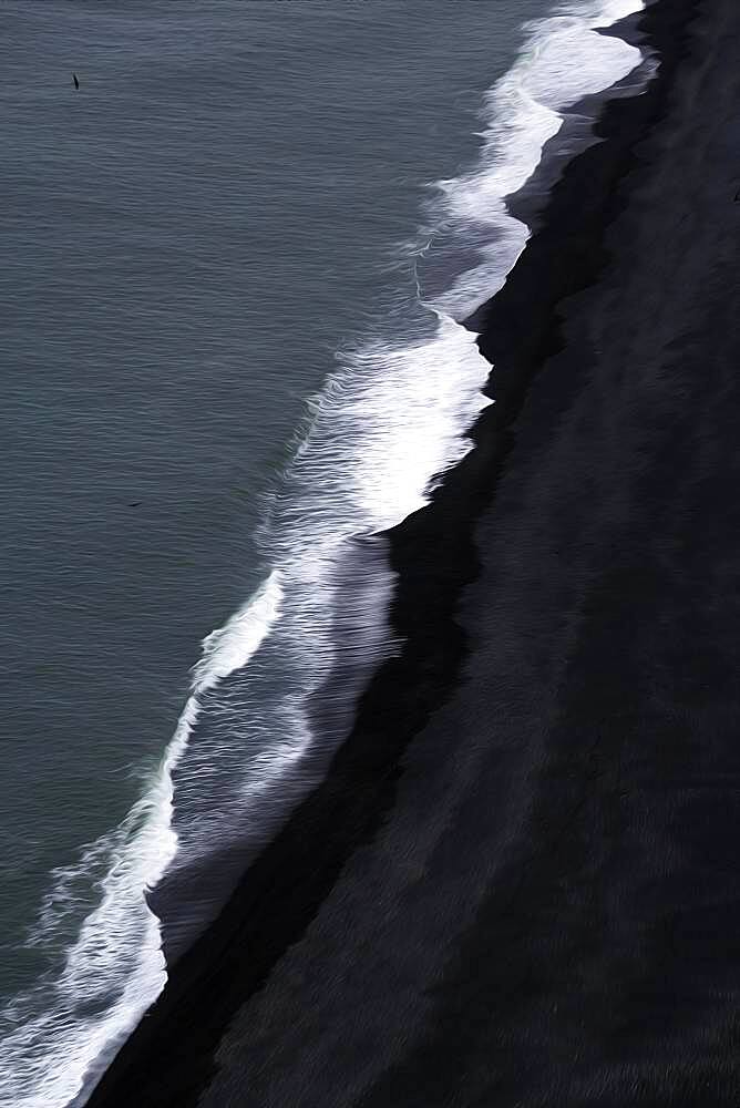 View from above on waves at the shore, black lava beach at the North Atlantic, motion blur, Cape Dyrholaey, Vik i Myrdal, Southern Iceland, Iceland, Europe