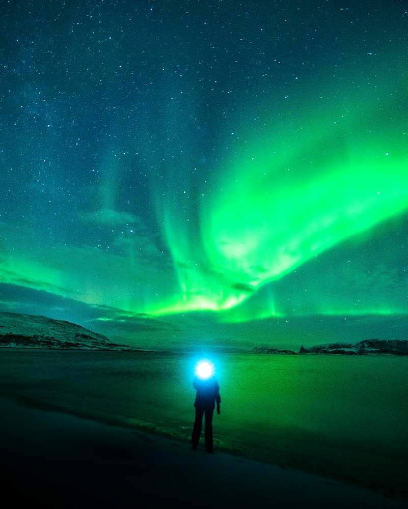 Northern lights over a Norwegian fjord with person and headlamp, Tromso, Norway, Europe