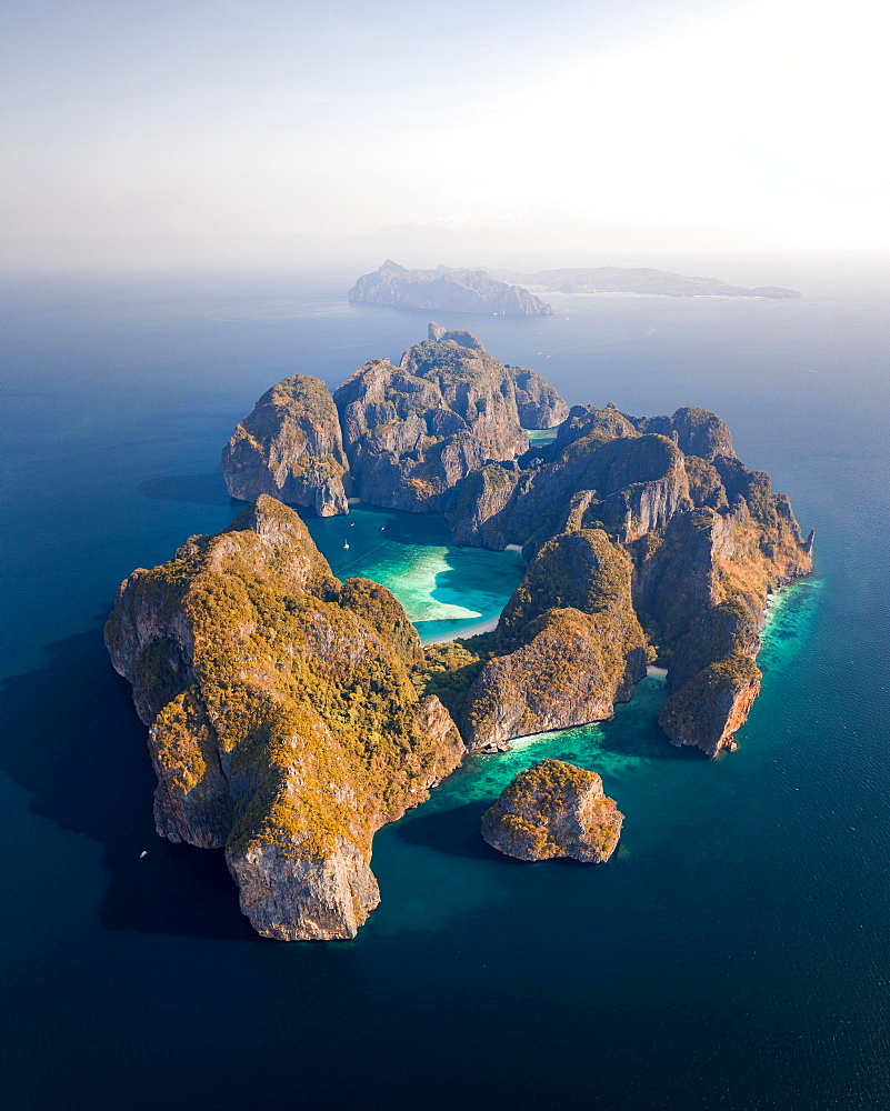 Aerial view, Koh Phi Phi Leh at sunrise, tropical island, Koh Phi Phi, Krabi Province, Thailand, Asia