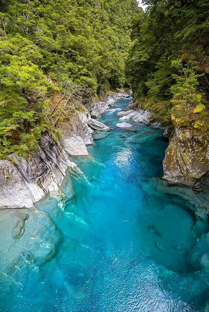 Blue Pools Rock Pool, Makarora River, turquoise crystal clear water, Haast Pass, West Coast, South Island, New Zealand, Oceania