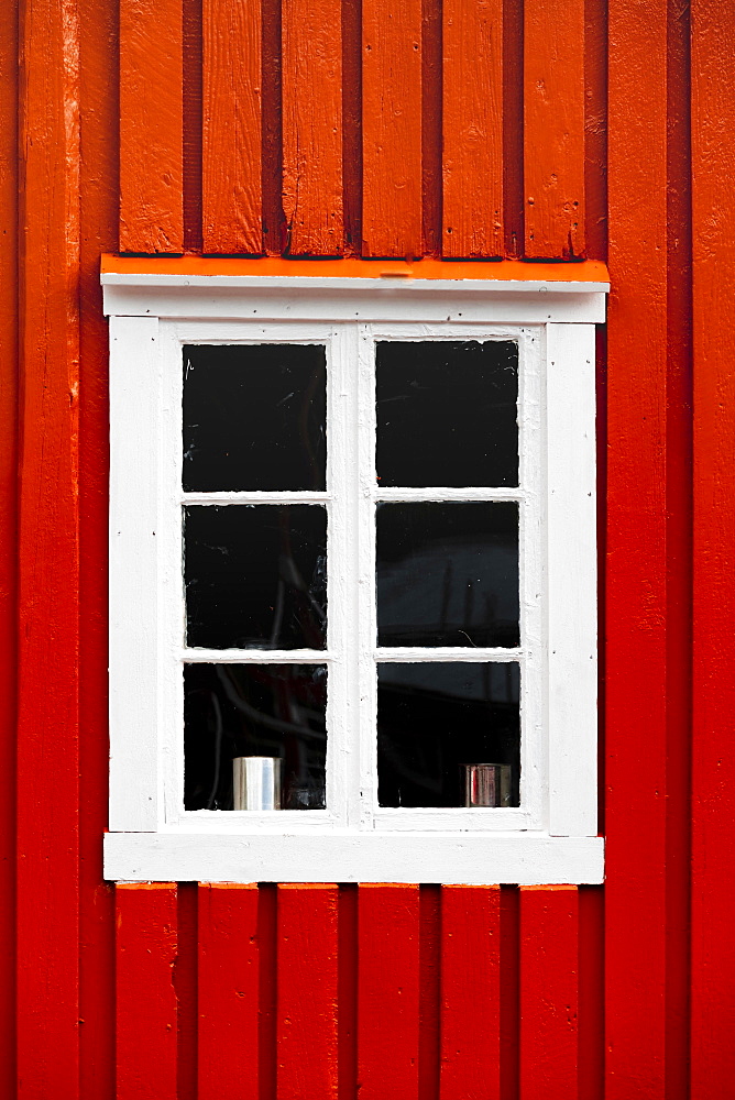 Red house wall with white window, rorbuer, typical wooden houses, Lofoten, Norway, Norway, Europe