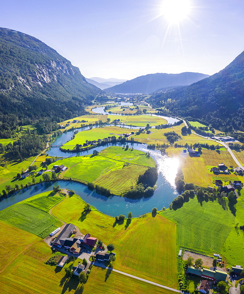 Aerial view, mountain valley with meandering river Stryneelva, Stryn, Vestland, Norway, Europe