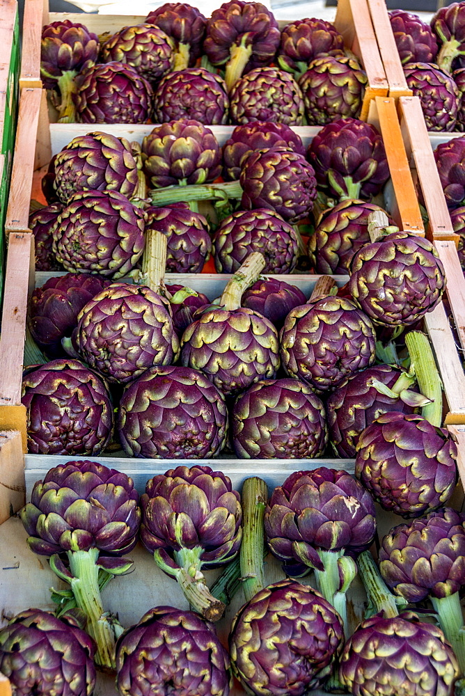 Crate of artichokes on a market stale