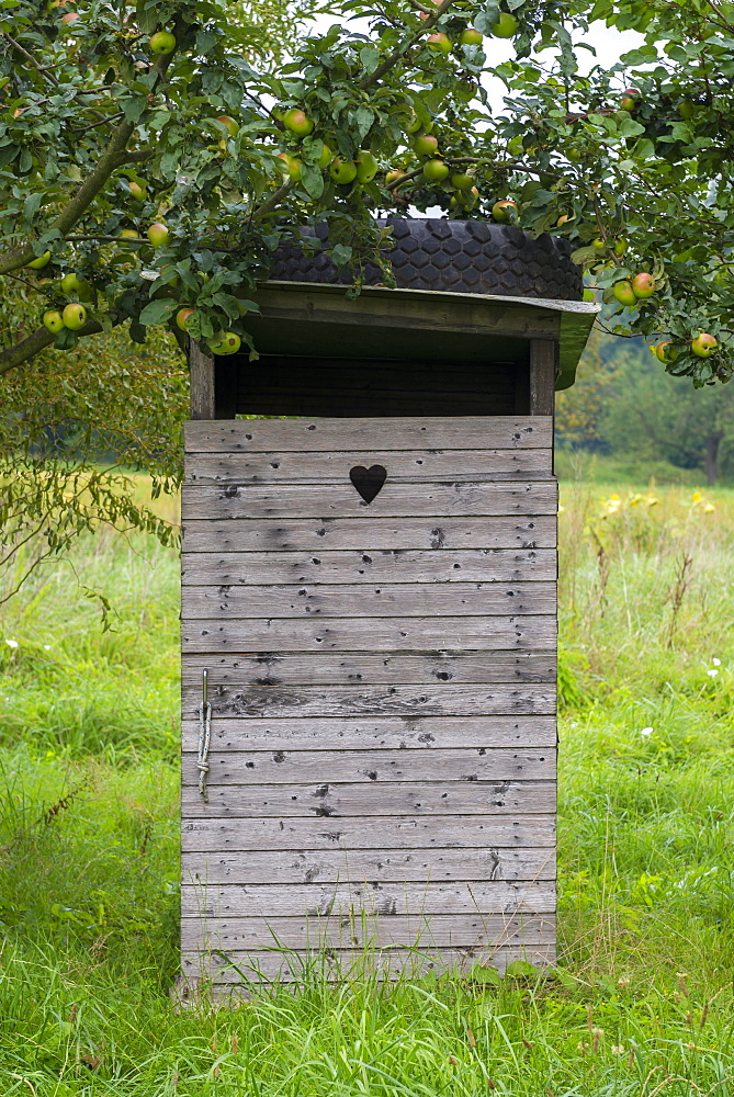 Wooden toilet house on meadow orchard, Dreieich, Hesse, Germany, Europe