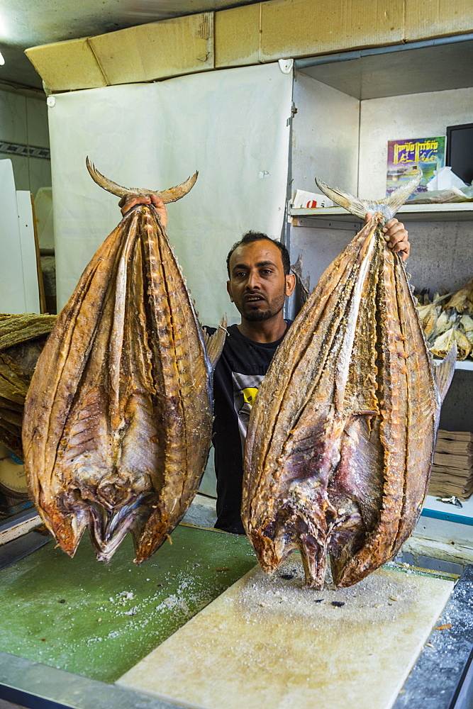 Man selling a huge dried fish, Jemenite market, Jeddah, Saudi Arabia, Asia