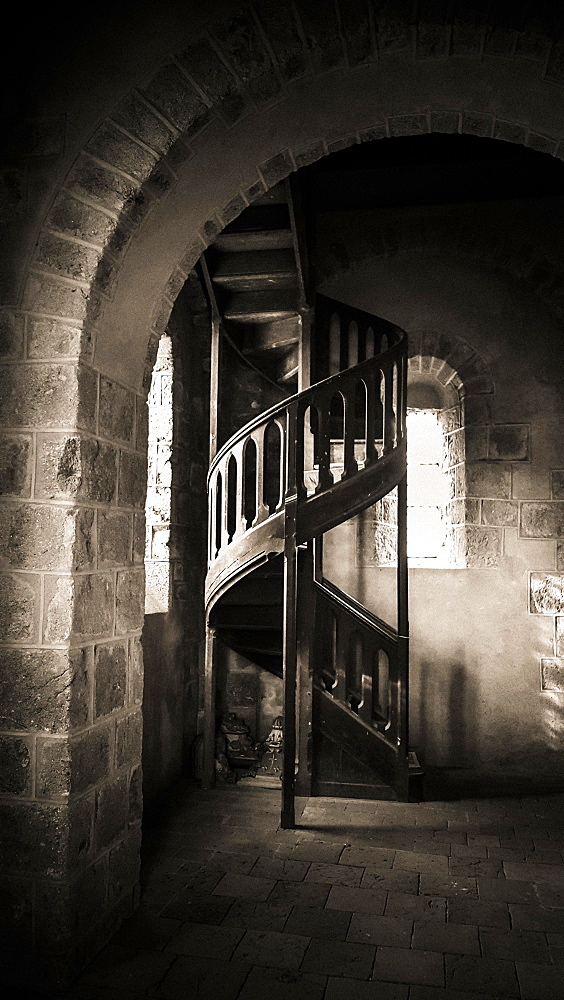 Wooden spiral staircase in a church, France, Europe