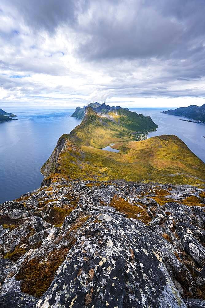 Mountain panorama, fjord and mountains, in the back Fjordgard and mountain Segla, view from mountain Barden, Senja, Norway, Europe