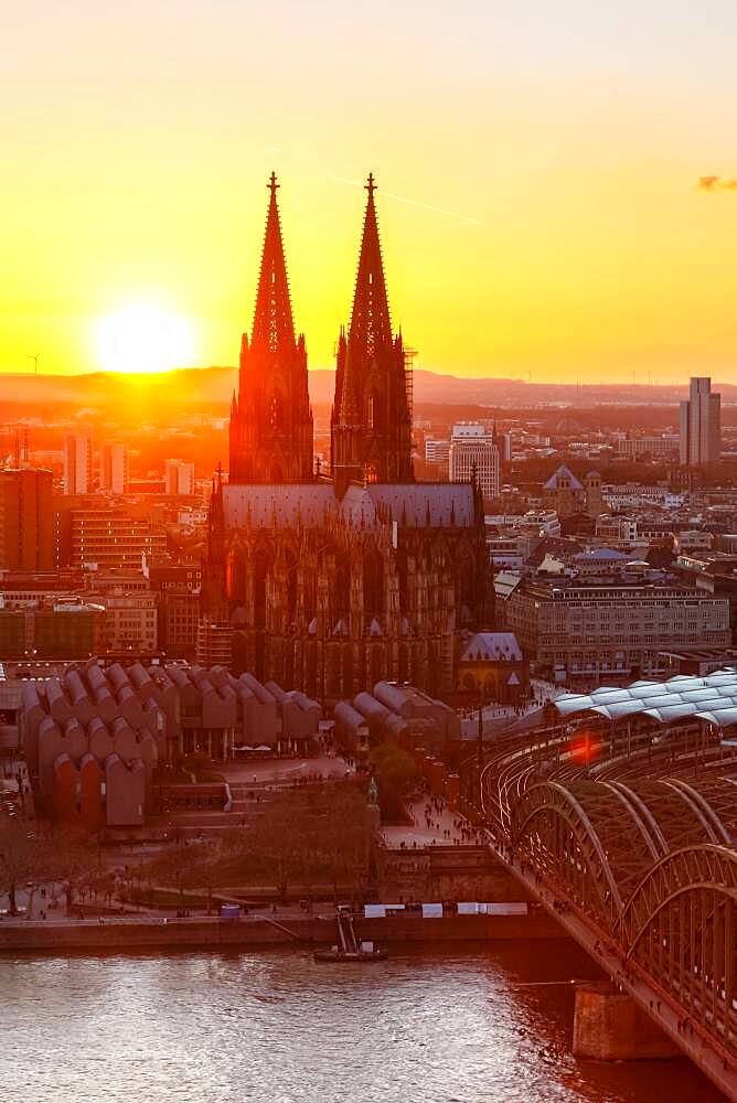 Cologne Cathedral Church Skyline City Sunset Bridge Rhine Hohenzollern Bridge in Cologne, Germany, Europe