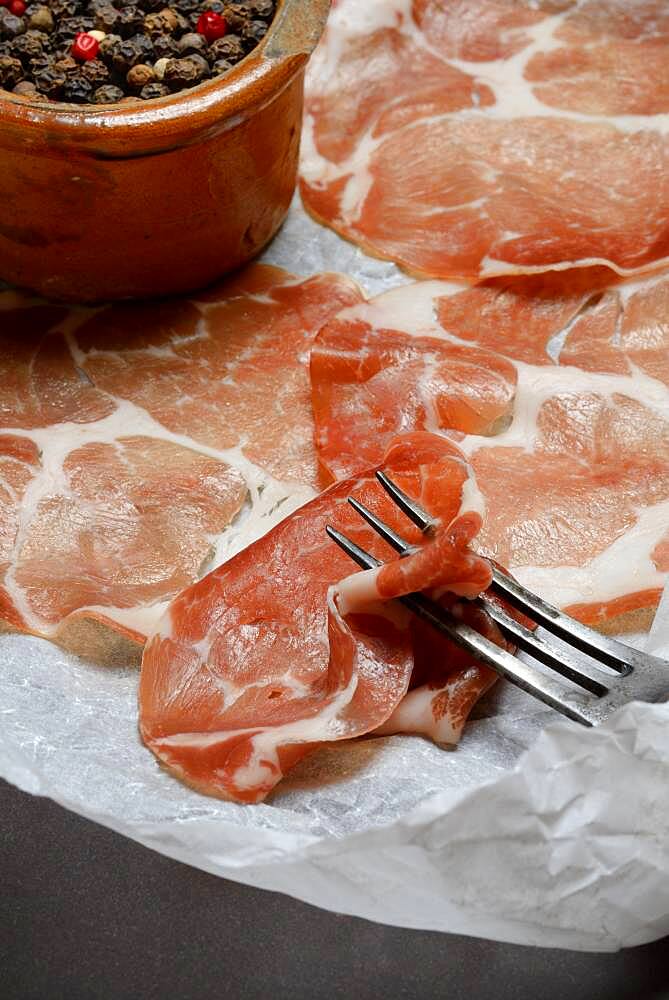 Coppa, Italian sausage with fork, Germany, Europe