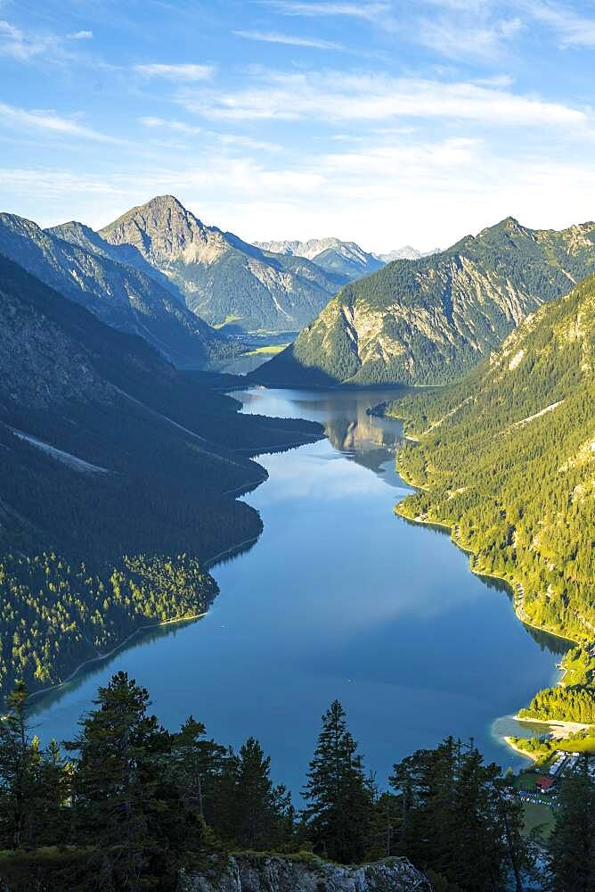 View from the summit of Schoenjoechl to Plansee and mountains, morning sun, Ammergau Alps, Reutte, Tyrol, Austria, Europe