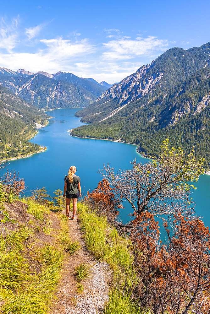 Hiker walking at Plansee, mountains with lake, Ammergau Alps, district Reutte, Tyrol, Austria, Europe