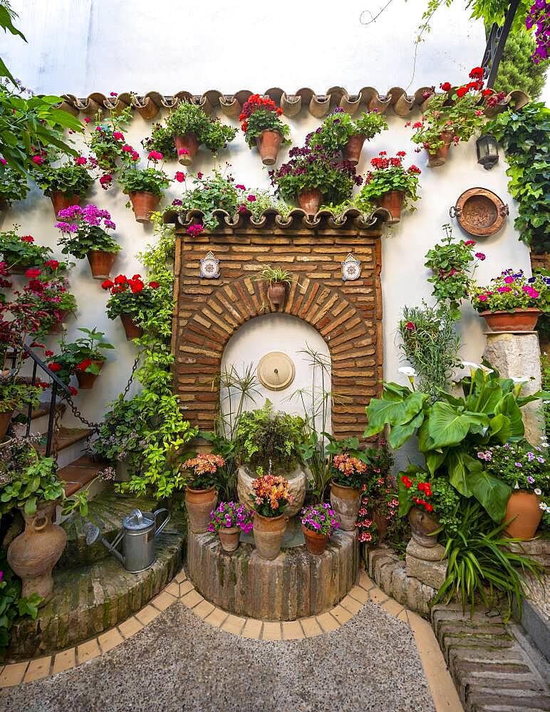 Fountain in the courtyard decorated with flowers, geraniums in flower pots on the house wall, Fiesta de los Patios, Cordoba, Andalusia, Spain, Europe