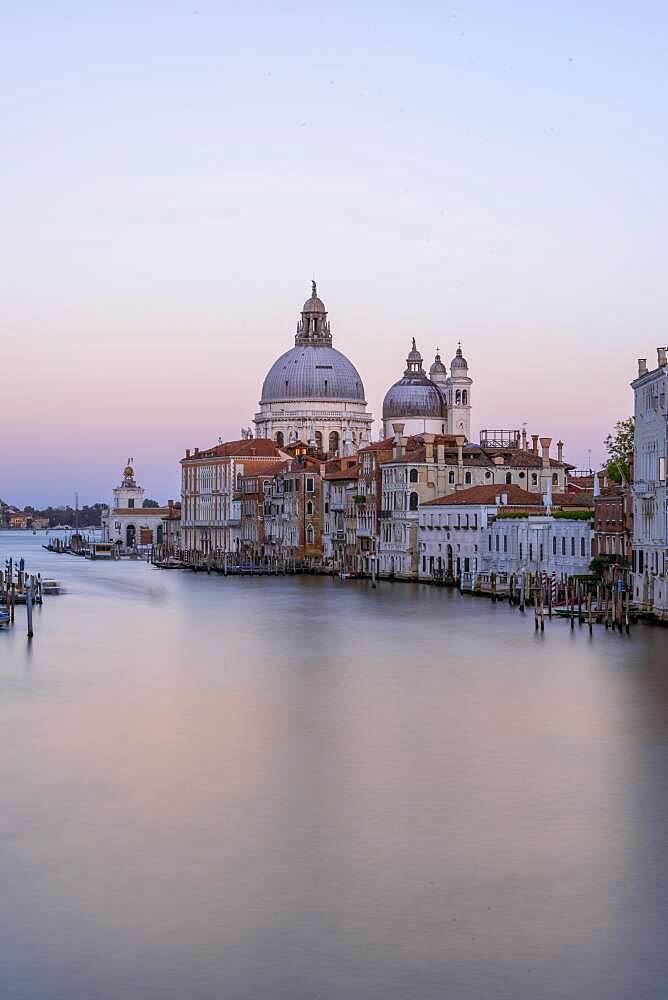 Evening atmosphere, long time exposure, view from the Ponte dell'Accademia to the Grand Canal and the Basilica Santa Maria della Salute, Venice, Veneto, Italy, Europe