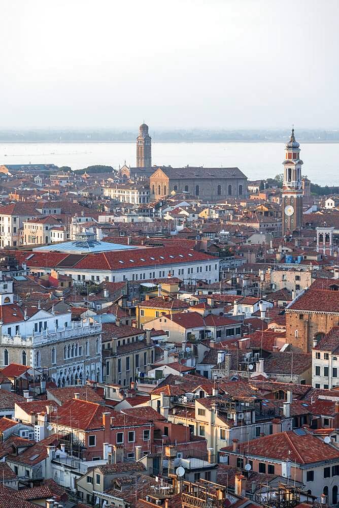 View from the bell tower Campanile di San Marco on numerous churches and houses of Venice, city view of Venice, Veneto, Italy, Europe