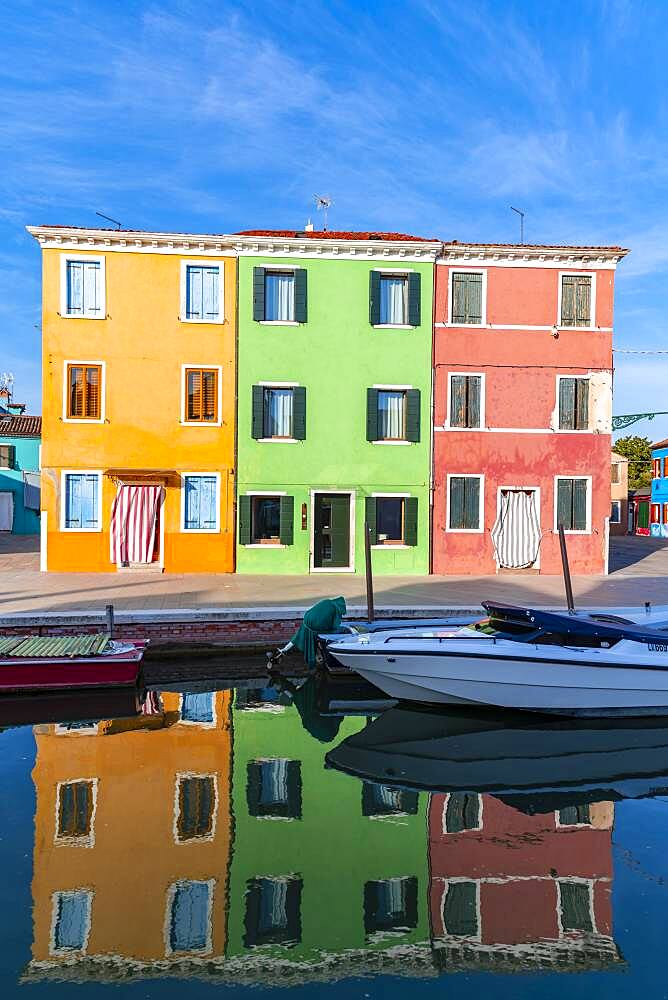 Canal with boats, Colorful houses, Colorful facade, Burano island, Venice, Veneto, Italy, Europe