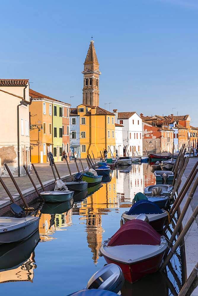 Canal with boats, Colorful houses, Colorful facade, Burano island, Venice, Veneto, Italy, Europe