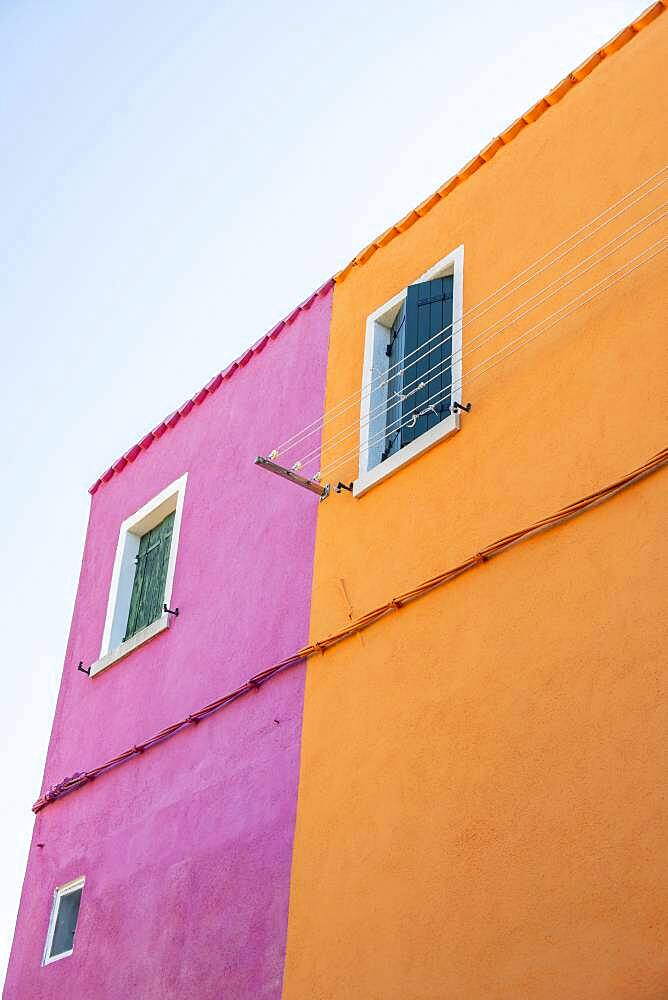 Orange and pink wall, colorful house wall, colorful facade, Burano Island, Venice, Veneto, Italy, Europe