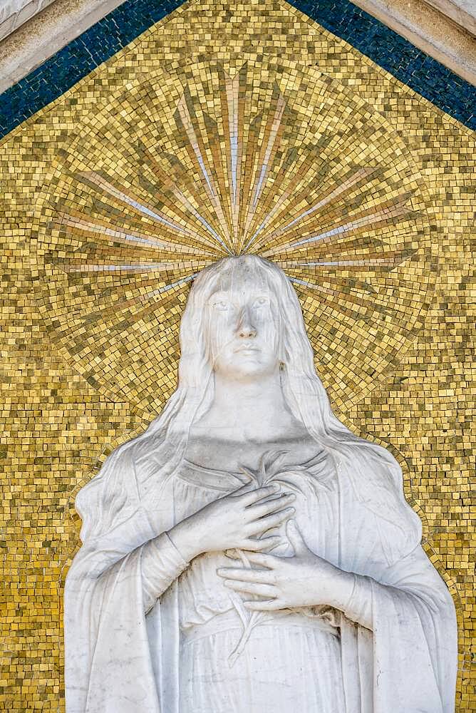 Mary with halo, mosaic with relief, cemetery island San Michele, Venice, Italy, Europe