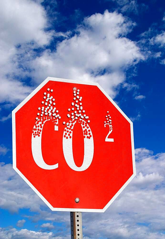 Stop sign, with CO2, climate change, USA, North America