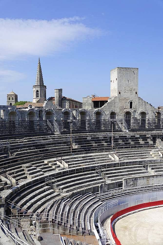 Roman arena amphitheatre with preserved medieval tower, Arles, Bouches-du-Rhone department, Provence Alpes Cote d'Azur region, Mediterranean Sea, France, Europe