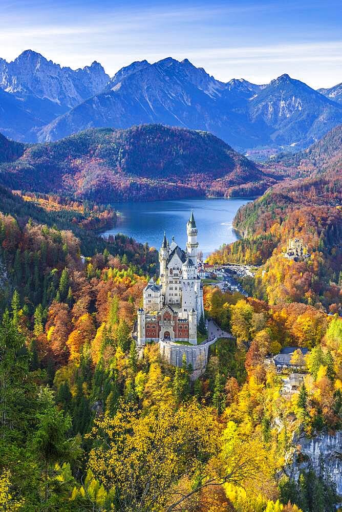 Neuschwanstein Castle in autumn, near Schwangau, Ostallgaeu, Allgaeu, Swabia, Bavaria, Germany, Europe