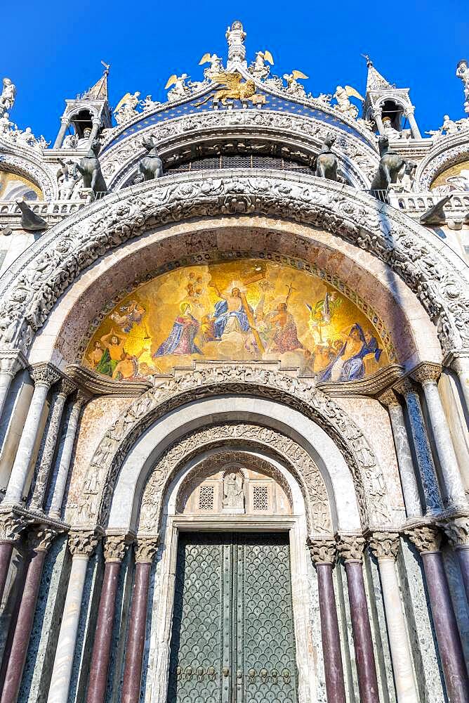 Entrance to St. Mark's Basilica, Basilica di San Marco, Cathedral with gilded interior vault, St. Mark's Square, Venice, Veneto, Italy, Europe