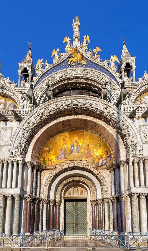 Entrance to St. Mark's Basilica, Basilica di San Marco, Cathedral with gilded interior vault, St. Mark's Square, Venice, Veneto, Italy, Europe