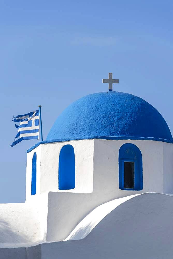 Blue and White Greek Orthodox Church Agios Nikolaos with Greek Flag, Parikia, Paros, Cyclades, Aegean Sea, Greece, Europe