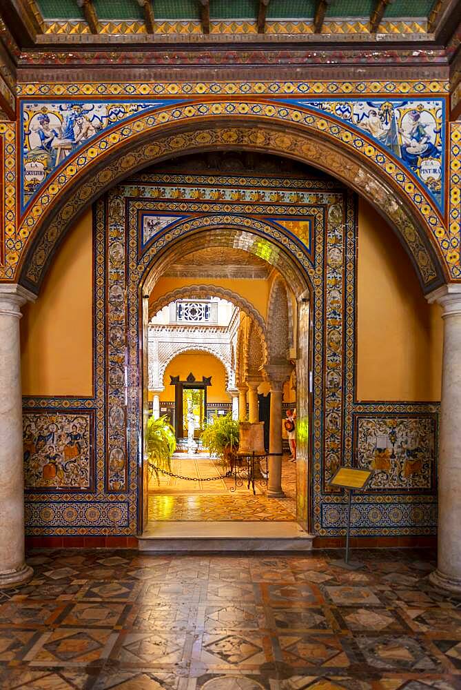 Entrance with azulejo tiles, Moorish architecture, Palacio de la Condesa de Lebrija, Seville, Andalusia, Spain, Europe