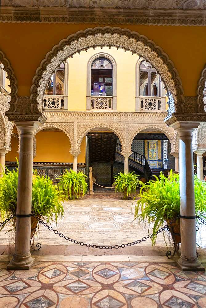 Courtyard with Roman mosaic, Moorish architecture, Palacio de la Condesa de Lebrija, Seville, Andalusia, Spain, Europe