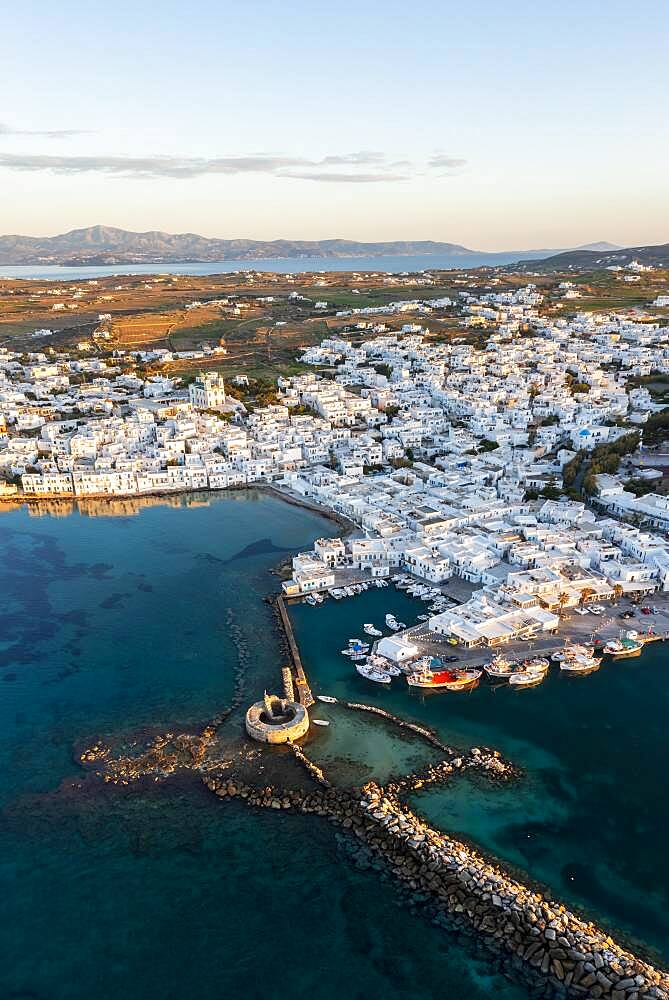 Evening atmosphere, aerial view, town view and harbour of Naoussa, harbour wall with Venetian ruins, Paros, Cyclades, Greece, Europe